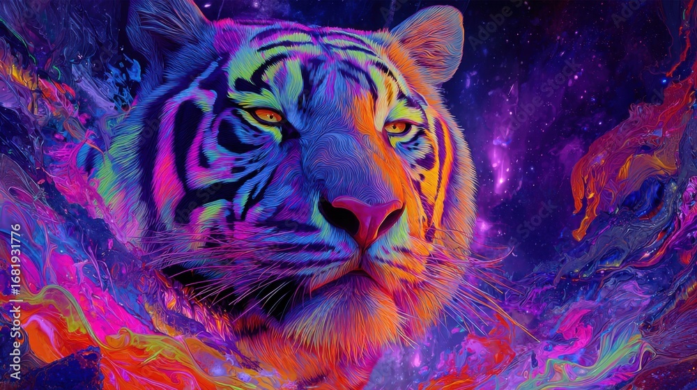 custom made wallpaper toronto digitalA majestic tiger's head emerges from a vivid cosmic backdrop filled with bright colors and swirling patterns, showcasing its fierce beauty in an artistic expression of nature and fantasy