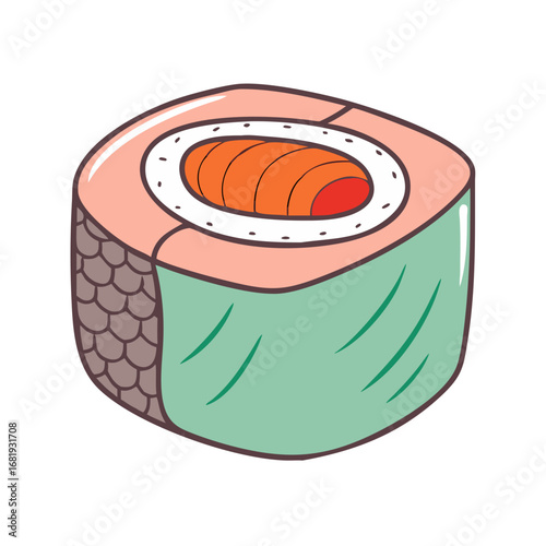 Cartoon sushi roll with salmon filling and avocado wrap illustration