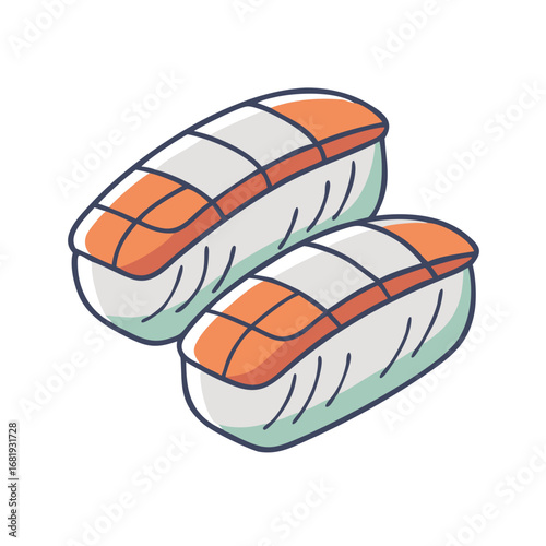 Two delicious looking sushi nigiri pieces with orange salmon fillet