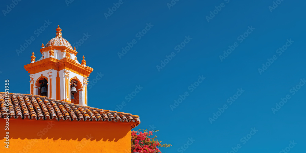 Fototapeta premium Colorful church tower rising against vibrant blue sky in seville