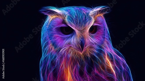 A striking digital artwork showcases an owl featuring bright neon colors and intricate lines. The contrasting dark background enhances its vivid appearance, creating an eye-catching effect