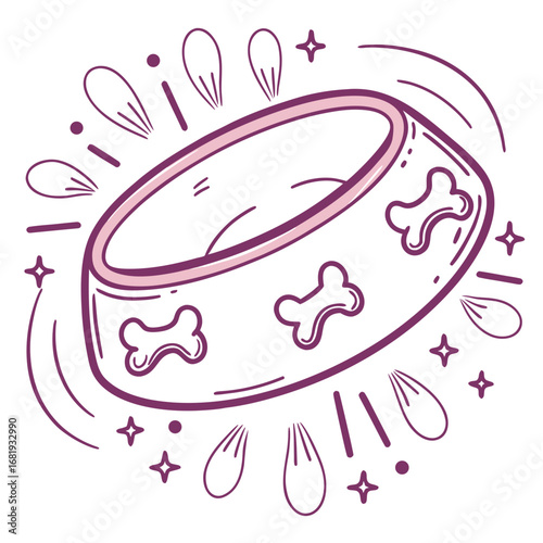 Dog food bowl with decorative bones and playful sparkles around  
