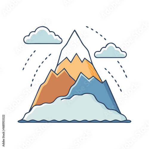 Colorful Mountain Peaks Illustration with Clouds and Dotted Lines, vector art