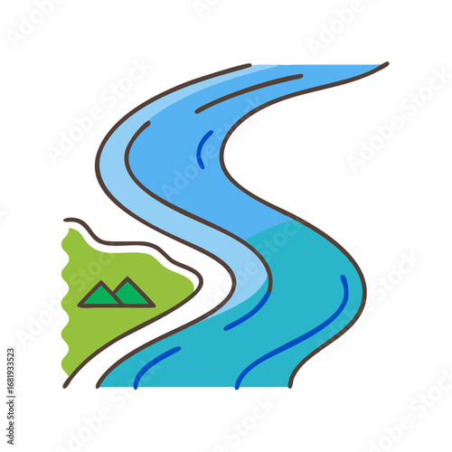 Stylized S Shaped River Flowing Through Green Landscape with Mountain Peaks