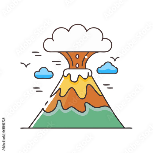 Colorful cartoon volcano erupting with clouds, birds and blue sky elements