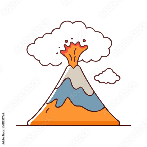 Cute cartoon volcano erupting with clouds and lava, great for education