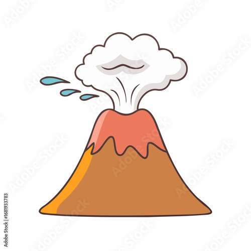 Cartoon volcano erupting with ash cloud and lava, with water nearby