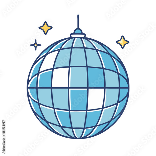 A light blue and white disco ball with golden stars around it