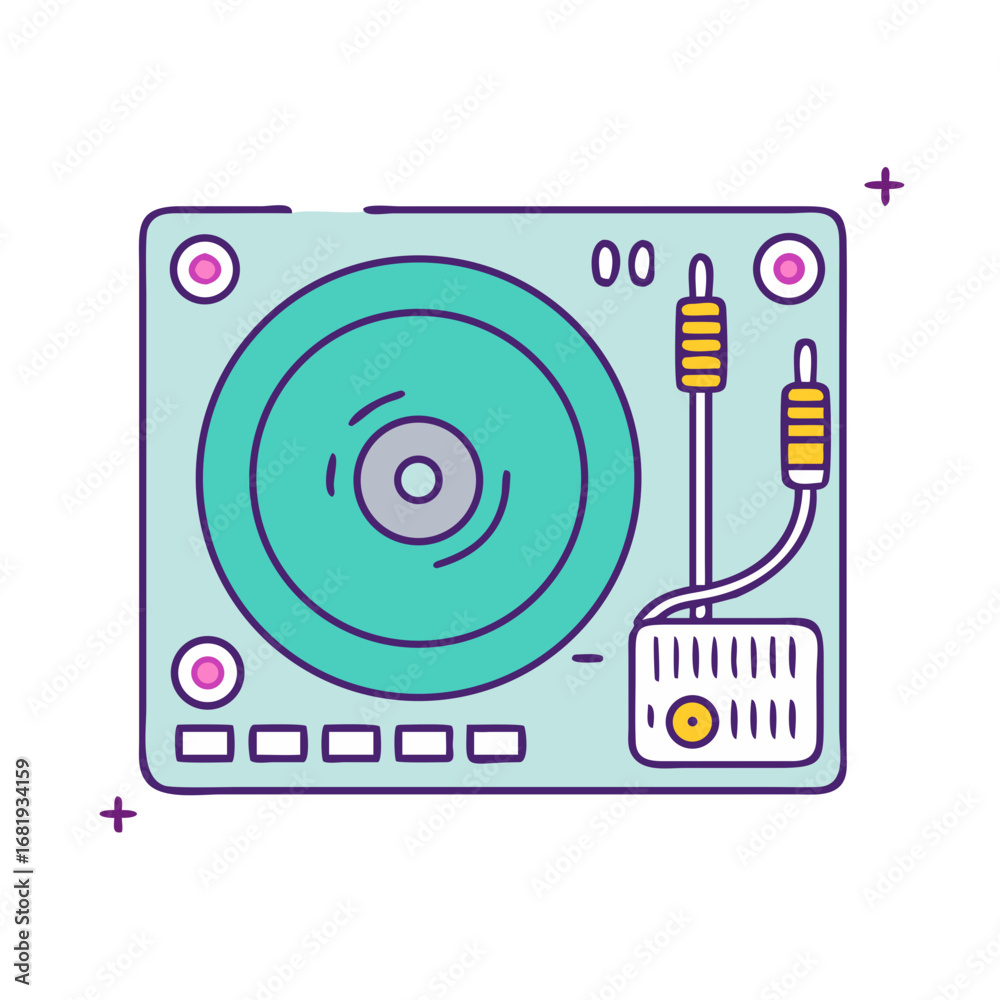 Obraz premium Stylized Vector Art of Turntable Audio Mixer with Cables and Buttons