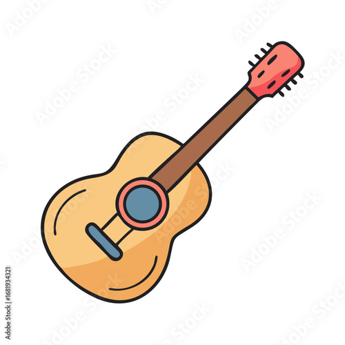 Cartoon acoustic guitar with strings and a brown neck and tuning pegs