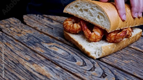 shrimp po boy sandwich french fries toasted crusty roll lettuce