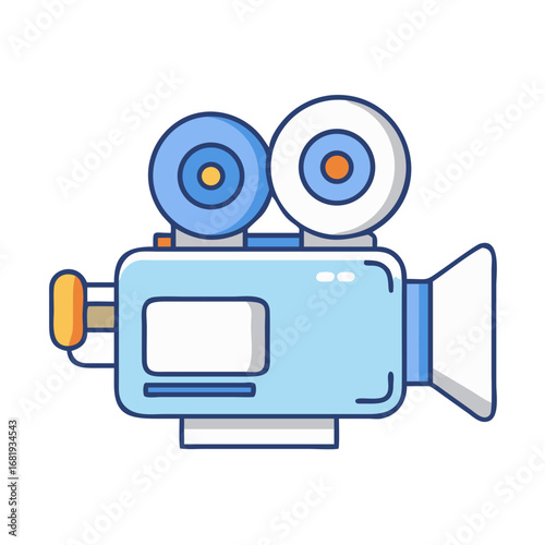 Retro style cartoon movie camera with reels and boxy body