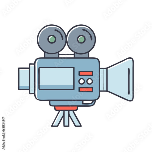 Cartoon style movie camera with tripod and retro design, for film production