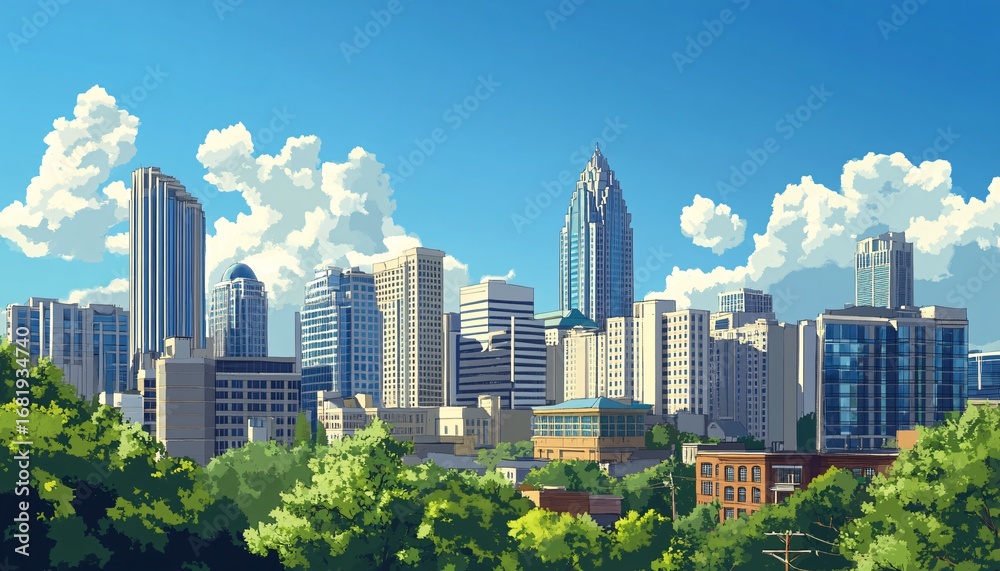 Obraz premium The illustration shows a cityscape with various modern buildings under a partly cloudy sky, some trees partially obscuring the lower buildings.