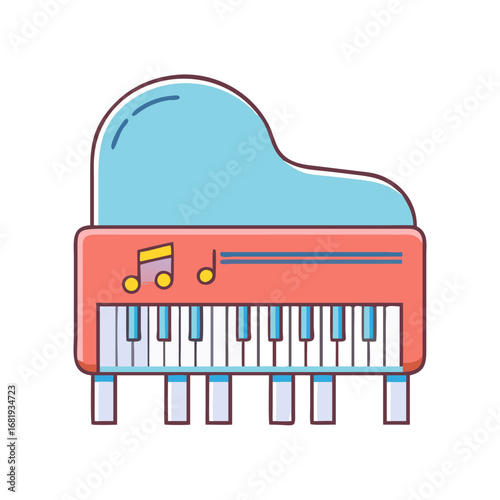 Colorful illustration of a child's toy grand piano with musical notes