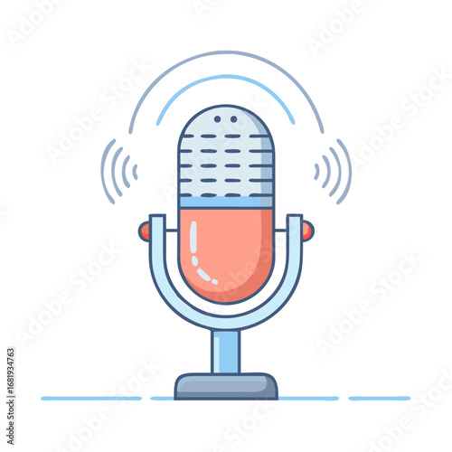 Vintage Style Podcast Microphone with sound waves, modern vector illustration