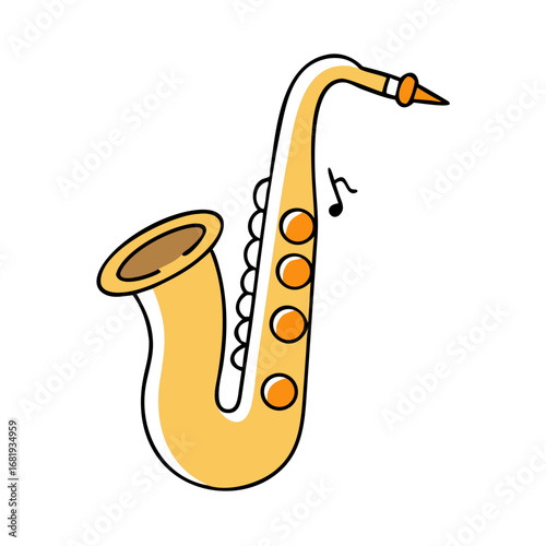Stylized cartoon saxophone with musical note evokes a sense of jazzy fun