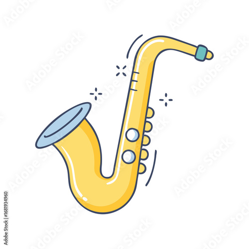 A cheerful yellow saxophone illustration with decorative sparkles and musical essence