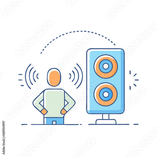 Illustration depicting sound waves emanating from speakers with a person nearby
