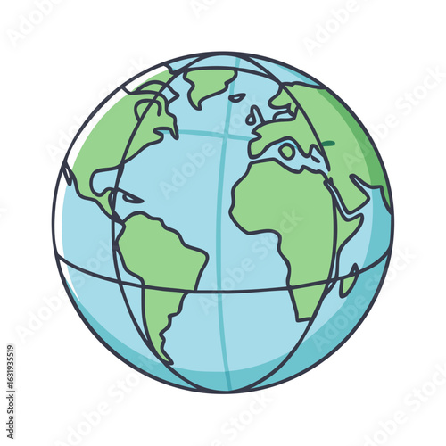 Cartoon Globe Illustration Showing Continents and Oceans with Longitude and Latitude Lines