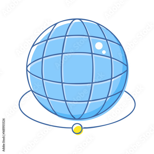 Cute and simple blue globe with orbit line and moon illustration