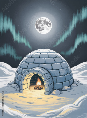 An illustration of a snowy tundra in which there is a yurt of the northern peoples in which a cozy hearth fire is burning. In the background is the sky with the northern Lights. Vector graphics. EPS.