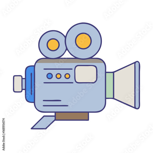 Cartoon vintage film camera with two reels and directional megaphone