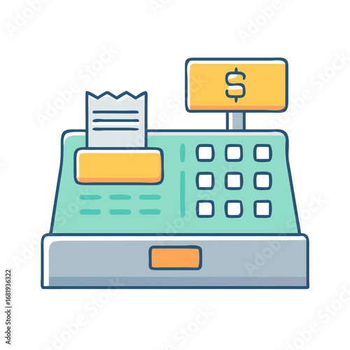 Cute handdrawn cash register, with a dollar sign display and receipt