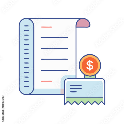 Digital illustration of a bill, a check, and a coin with dollar sign