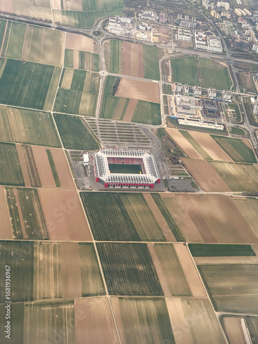 View from above showing the football stadium of 1. FSV Mainz 05 Mewa Arena surrounded by agricultural fields in the Rhein-Main region, Germany