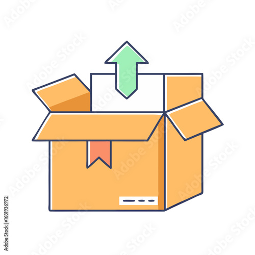 Open Cardboard Box with Green Upward Arrow Indicating Upload or Delivery