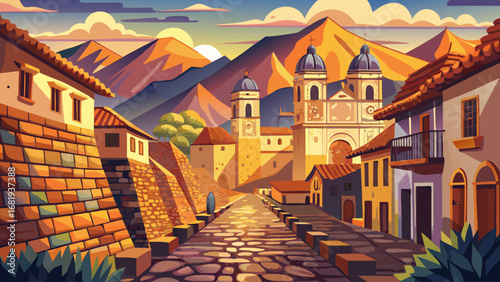 Cusco, Peru, reveals cobblestone streets, Inca walls, and Spanish baroque churches framed by mountains. Soft evening light adds depth; semi-realistic flat vector emphasizing layered history, cultural 