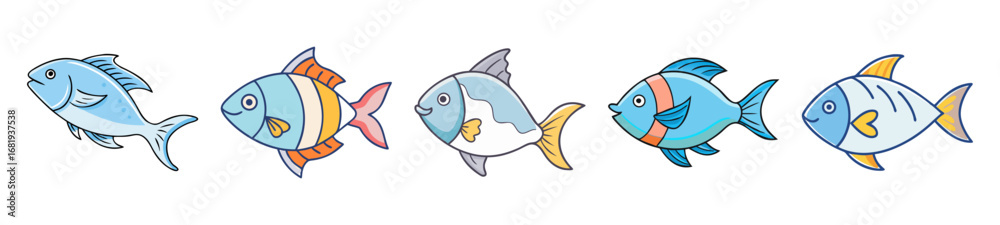Fototapeta premium Collection of five colorful cartoon fish with unique designs and cheerful expressions