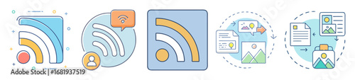 Various colorful RSS feed icons and data transfer visualizations for web application