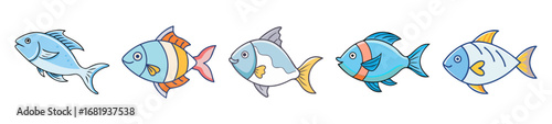 Collection of five colorful cartoon fish with unique designs and cheerful expressions