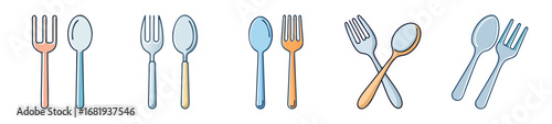 Colorful sets of illustrated spoons and forks aligned on white background