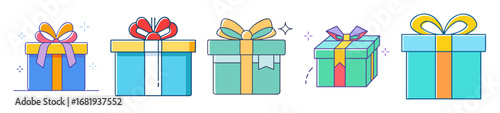 Assorted collection of cartoon gift boxes with colorful bows and wrapping