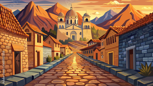 Cusco, Peru, reveals cobblestone streets, Inca walls, and Spanish baroque churches framed by mountains. Soft evening light adds depth; semi-realistic flat vector emphasizing layered history, cultural 
