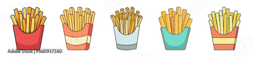 Illustrative collection of french fries in containers with varying design styles