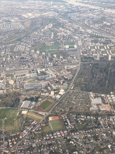 Aerial view of Mainz suburbs of Oberstadt, Hartenberg-Muenchfeld, Gonsenheim, Mombach, Neustadt and River Rhine, Germany
