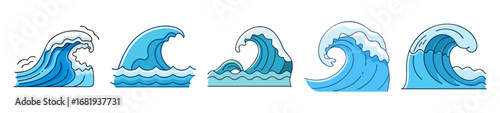 Stylized Illustration of Five Ocean Waves with Different Shapes and Designs