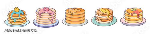 Illustration of various pancake stacks with different toppings on plates