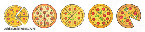 Diverse cartoon pizza slices, showcasing various toppings and slice removals
