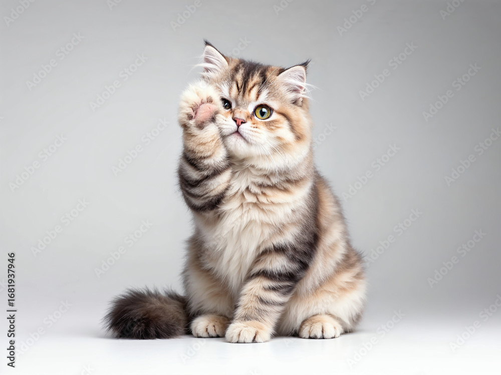 Obraz premium Scottish fold cat sitting with a paw covering his mouth