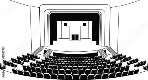Illustration of an empty theater stage with rows of seats below