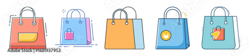 Collection of shopping bags with varied designs and cheerful online shopping elements
