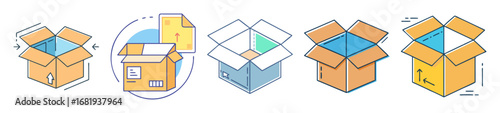 Various styles of cardboard boxes showcasing delivery, packing and shipping icons