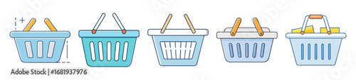 Collection of shopping baskets of different designs and colors for commercial use
