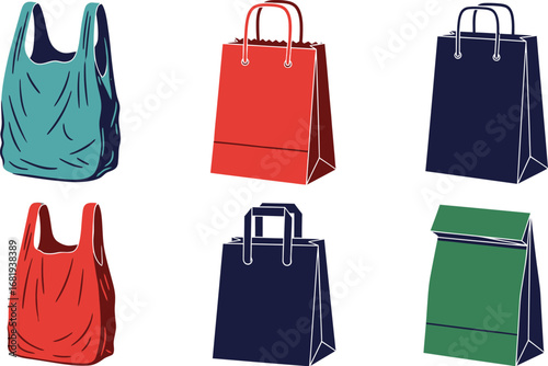 A collection of six shopping bags in various styles and colors