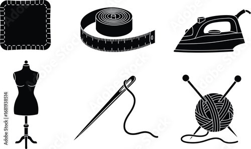 Illustration of sewing and knitting tools in black and white style